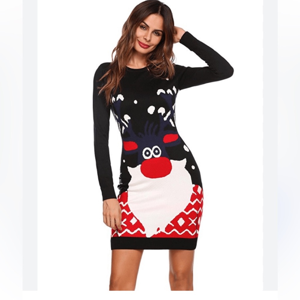 Kasin Women Ugly Christmas Sweater Dress featuring a red reindeer design